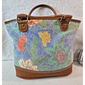 Liz Claiborne Womens Blue Floral Shoulder Tote Bag Double Handle‎ Leather Trim